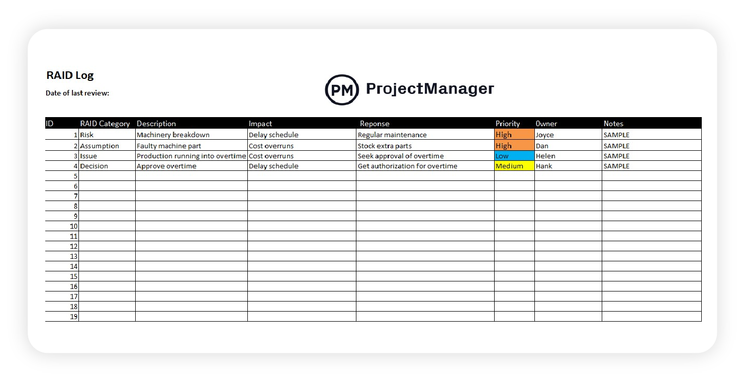 Download het basis RAID-logsjabloon van ProjectManager.